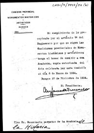 Oficio de remisión de la copia del acta de la sesión celebrada por la Comisión de Monumentos de Burgos el 5 de julio de 1934.