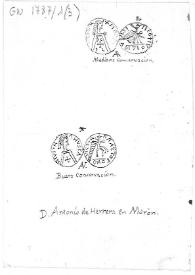 Dibujo de las dos monedas de oro y plata enviadas por Antonio de Herrera.