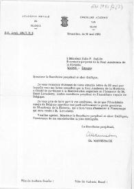 Carta de agradecimiento por la adhesión de la Real Academia de la Historia al homenaje ofrecido a Henri Lavachery con motivo de su jubilación.