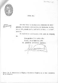 Oficio de acuse de recibo del Anticuario de la Real Academia de la Historia al Secretario de la misma de la insignia conmemorativa del bombardeo de Bilbao en 1874, donada por José Mª de Mena.