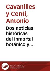 Dos noticias históricas del inmortal botánico y sacerdote hispano-valentino Antonio José Cavanilles