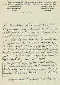 Carta de Rafael Altamira a Leopoldo García-Alas García-Argüelles. La Haya, 9 de junio de 1936