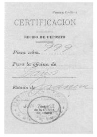Certificación de recibo de depósito. México, 7 de junio de 1922