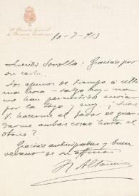 Carta de Rafael Altamira a Joaquín Sorolla. 20 de julio de 1913