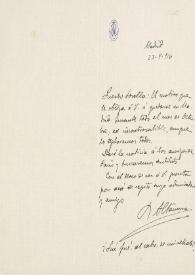 Carta de Rafael Altamira a Joaquín Sorolla. Madrid, 23 de septiembre de 1916