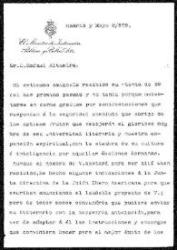 Carta de Faustino Rodríguez San Pedro, Ministro de Instrucción Pública y Bellas Artes, a Rafael Altamira. Madrid, 3 de mayo de 1909