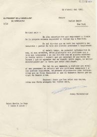 Carta de Josep Tarradellas a Carlos Esplá. Saint Martin le Beau, 22 de abril de 1960