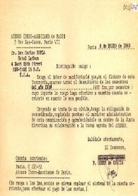 Carta del Tesorero del Ateneo Ibero-Americano de París sobre las cuotas. París, 6 de marzo de 1960