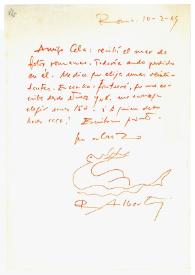 Carta de Rafael Alberti a Camilo José Cela. Roma, 10 de febrero de 1969
