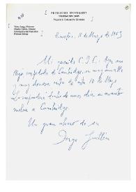 Carta de Jorge Guillén a Camilo José Cela. Princeton, 16 de mayo de 1963
