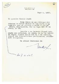 Carta de Max Aub a Camilo José Cela. México, 4 de mayo de 1962