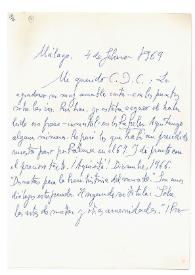 Carta de Jorge Guillén a Camilo José Cela. Málaga, 4 de febrero de 1969
