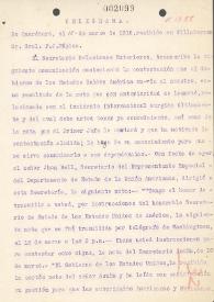 Telegrama de Álvaro Obregón a Francisco J. Múgica. Querétaro (México), 15 de marzo de 1916