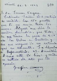 Carta de Josefina Manresa a Germán Vergara. Alicante, 22 de julio de 1941