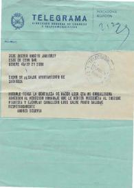 Telegrama de Segovia, Andrés a Merino, Pinedo Miguel (Alcalde de la Inmortal Ciudad de Zaragoza). 1978-11-21