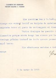 Carta de Carmen de Burgos a José Ruiz Castillo. Madrid, 2 de marzo de 1930