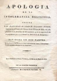 Apología de la intolerancia religiosa contra las máximas del irlandés D. Guillermo Burke ... | Biblioteca Virtual Miguel de Cervantes