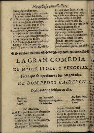 Muger llora, y venceras / de don Pedro Calderon | Biblioteca Virtual Miguel de Cervantes