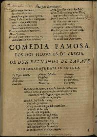 Los filósofos de Grecia, Eraclito y Democrito : comedia famosa [1762] / de don Fernando de Zarate | Biblioteca Virtual Miguel de Cervantes