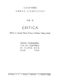 Crítica : (Crítica en general, música, pintura y escultura, teatro, letras) / E.M. de Hostos | Biblioteca Virtual Miguel de Cervantes
