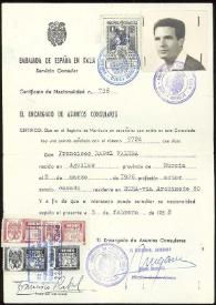 Certificado de nacionalidad de Francisco Rabal expedido por el Servicio Consular de la Embajada de España en Italia. 5 de febrero de 1958 | Biblioteca Virtual Miguel de Cervantes