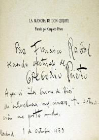 Dedicatoria de Gregorio Prieto en un ejemplar de su libro "La Mancha de Don Quijote" / Gregorio Prieto | Biblioteca Virtual Miguel de Cervantes