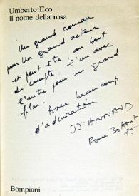 Dedicatoria de Jean-Jacques Annaud en un ejemplar de "Il nome della rosa", de Umberto Eco / Jean-Jacques Annaud | Biblioteca Virtual Miguel de Cervantes