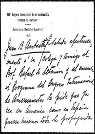 Tarjeta de Juan B. Ambrosetti a Rafael Altamira. Buenos Aires, 25 de septiembre de 1909 | Biblioteca Virtual Miguel de Cervantes