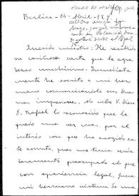 Carta de José María Ots a Rafael Altamira. Berlín, 14 de abril de 1923 | Biblioteca Virtual Miguel de Cervantes