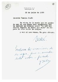 Carta de Max Aub a Camilo José Cela. México, 20 de julio de 1960 | Biblioteca Virtual Miguel de Cervantes