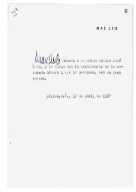 Carta de Max Aub a Camilo José Cela. México, 10 de abril de 1967 | Biblioteca Virtual Miguel de Cervantes
