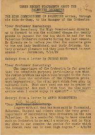 Three recent statements abaut the Palestine Orchestra. 1939 | Biblioteca Virtual Miguel de Cervantes