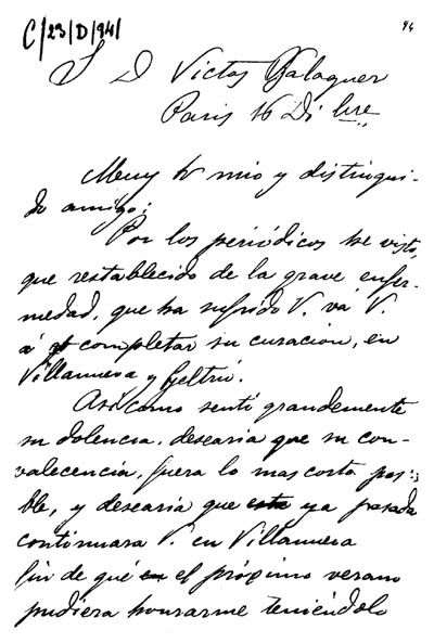 Carta manuscrita de S. Rusiñol a V. Balaguer