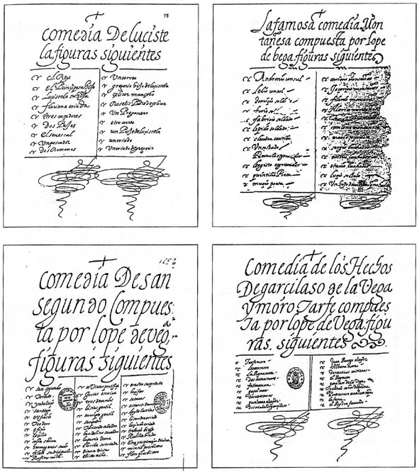 Imágenes de cuadernos de la colección teatral del conde de Gondomar: Lucistela, La Montañesa, San Segundo y Los hechos de Garcilaso y moro Tarfe.