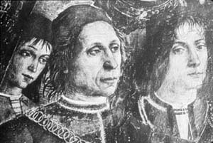 Pinturicchio: Retrats d'Antonio da
Sangallo el Vell i de Pinturicchio, detall de la Disputa
de Santa Caterina, Sala dels Sants, Apartament Borja, Estances
Vaticanes, Roma, c. 1492-1495.