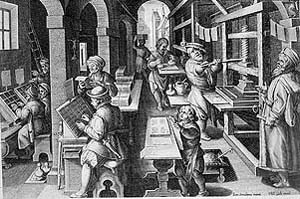 Phillip Galle (gravador) seguint un dibuix de Jan van
der Straet: Taller d'imprenta amb oficials i aprenents, París,
Biblioteca Nacional, c. 1575.