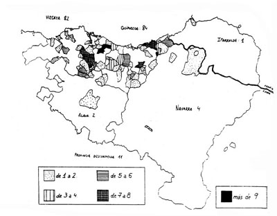 Localización geográfica de los eclesiásticos refugiados vascos en Francia (1936-40)