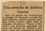Noticia en prensa (1952) sobre la comedia  «Voces y brumas», de Adelina Gurrea Monasterio.