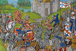 Batalla de Aljubarrota, 13 de agosto de 1385 entre las coronas de Portugal y Castilla. Representación de la batalla en la obra «Recueil des croniques d'Angleterre», de Jehan de Waurin (Fuente: British Library).