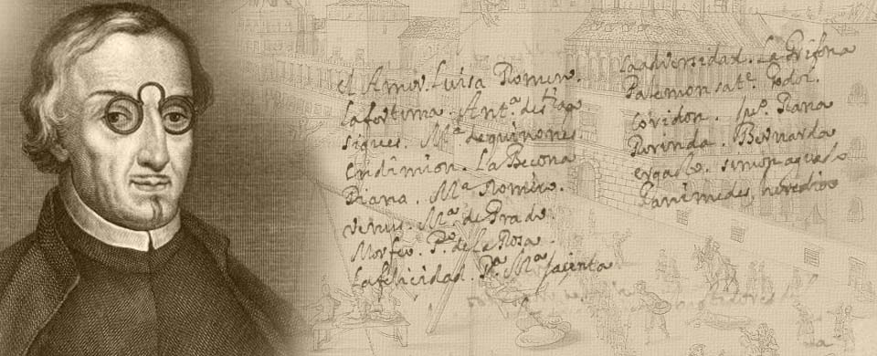 Diseño gráfico con un grabado de Antonio de Solís y un fragmento de un texto autógrafo

