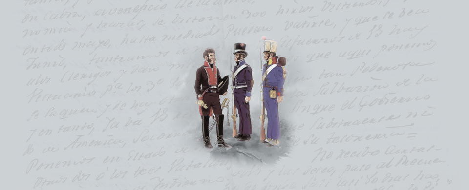 Diseño gráfico con varias imágenes de uniformes militares de la época de la Guerra de la Independencia 1808-1814