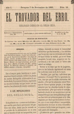 Página inicial de «A los   impugnadores del bello sexo», primer artículo publicado por Concepción   Gimeno de Flaquer en «El Trovador del Ebro» (Zaragoza: 7/11/1869).