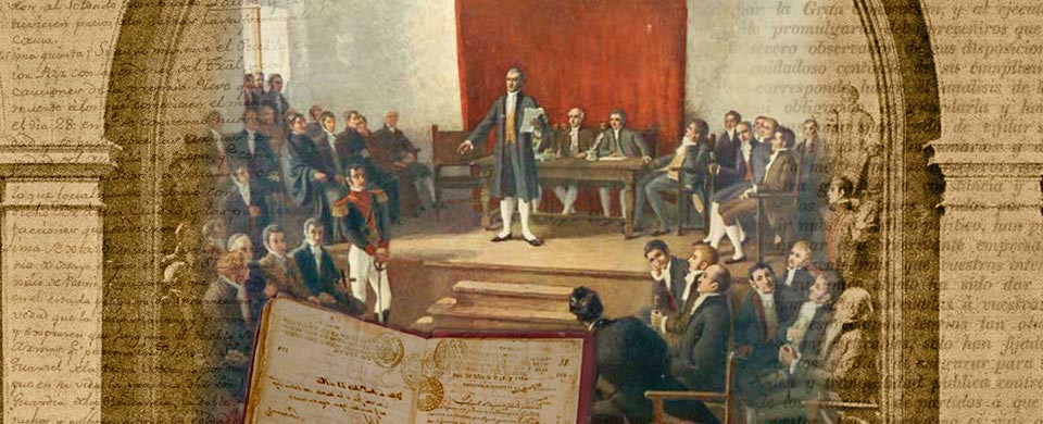 Diseño gráfico con una imagen de la sesión inaugural del primer Congreso Nacional de Chile (1811) y otras imágenes.