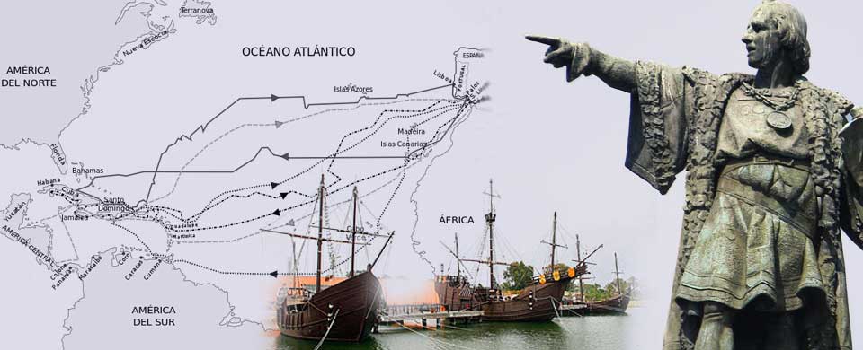Diseño gráfico con la escultura de Colón, carabelas y mapa de los viajes