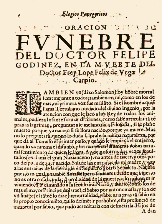 Primera página de la  Oración fúnebre en la muerte de Lope de Vega , en  Fama póstuma a la vida y muerte de Lope de Vega , (Madrid, Imprenta del Reino-A. Pérez, 1636).