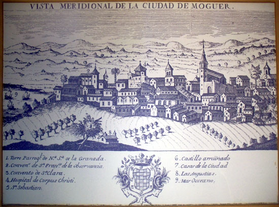 Vista de Moguer en  Atlante español o Descripción general Geográfica, Cronológica e Histórica de España , de Bernardo Espinalt y García, hacia 1795.