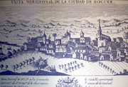 Vista de Moguer en Atlante español o Descripción general Geográfica, Cronológica e Histórica de España, de Bernardo Espinalt y García, hacia 1795.