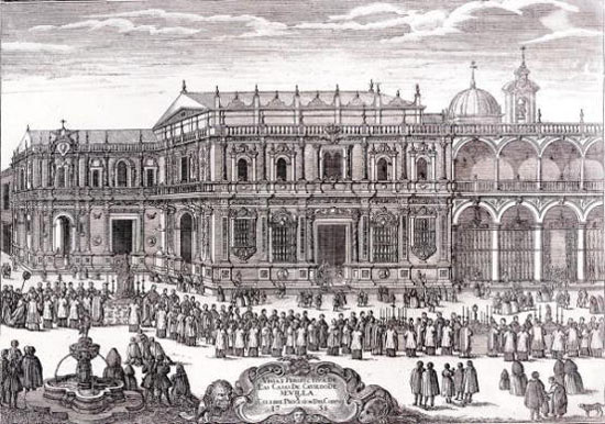 Procesión del Corpus en la plaza de San Francisco (Sevilla) en el siglo  XVIII . En esta plaza, en 1624, tuvo lugar el auto de fe en el que compareció Felipe Godínez.
