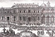 Procesión del Corpus en la plaza de San Francisco (Sevilla) en el siglo XVIII. En esta plaza, en 1624, tuvo lugar el auto de fe en el que compareció Felipe Godínez.