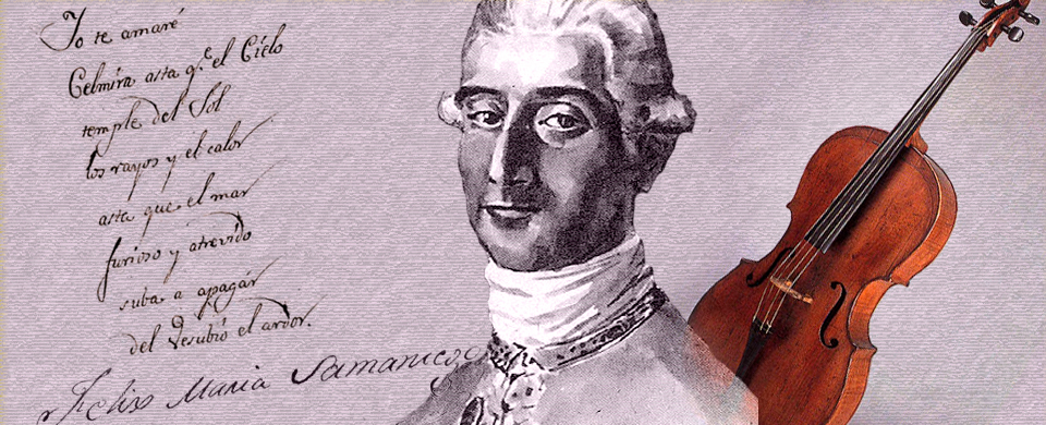 magen con montaje fotográfico de retrato de Félix María de Samaniego con un manuscrito, su firma y un violonchelo de época.